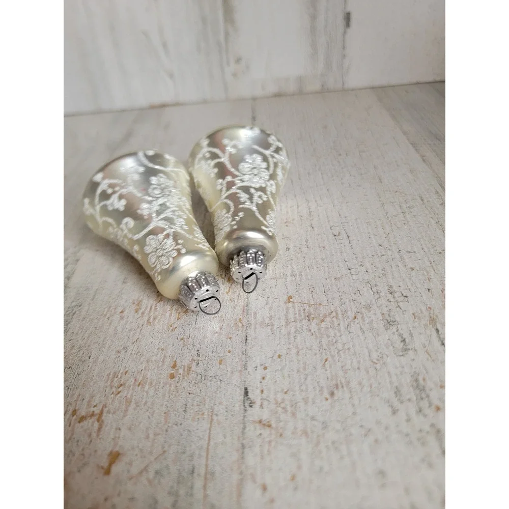 Vintage glitter white glass bell ornament Xmas swirl set home decor